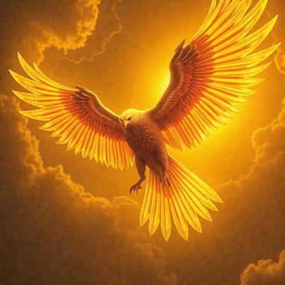 The primary subject of the image is a bird, specifically a large eagle, flying through the sky. The bird is positioned in the center of the image, with its wings spread wide. The setting is a cloudy sky, which adds a dramatic and moody atmosphere to the scene. The visual style of the image is a combination of digital art and illustration, creating a vibrant and detailed representation of the bird in flight. The colors used in the image are predominantly shades of orange and yellow, which further enh